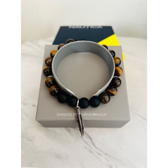 NAUTICA Tiger Eye Beaded Feather Charm‎ Bracelet, Uni Sex, Brown/Black, NWT - Picture 13 of 15